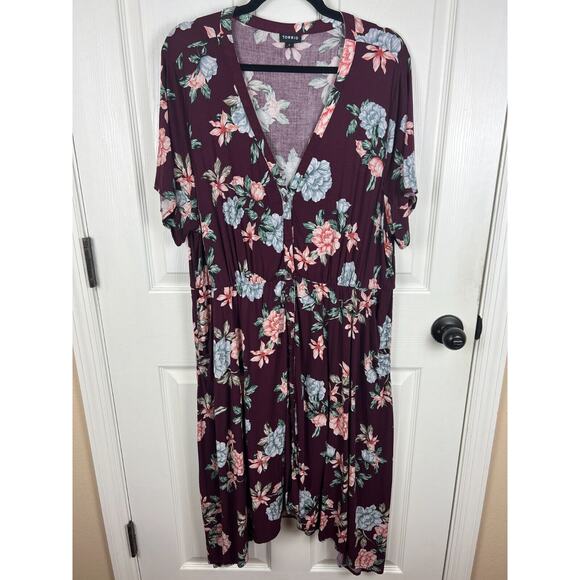 Torrid Midi Challis Shirt Dress 3X Burgundy Asymmetrical Hem Casual Button Up - Picture 10 of 10